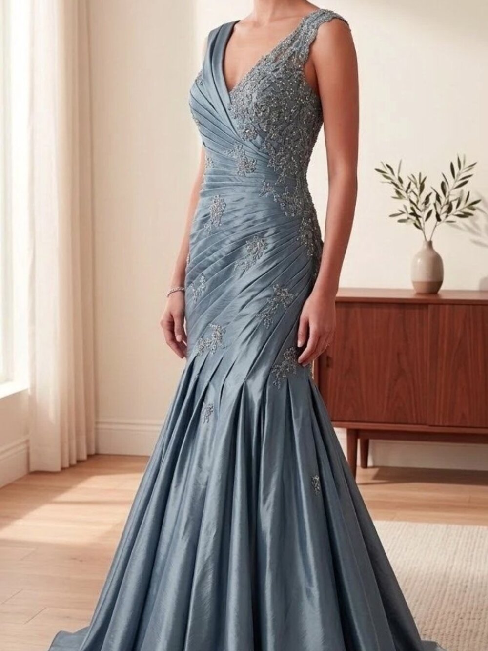Mon Cheri Boutique Cornflower Blue Embroidered Taffeta Gown